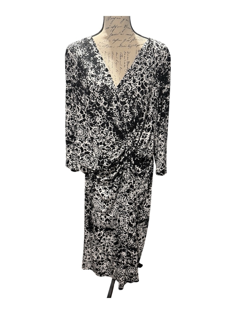 Lafayette 148 Dress Black White Knee Length Knotted Faux Wrap Stretch Size 2X